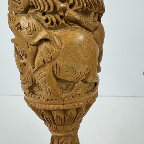 Pair Hand Carved Wooden Flower Vintage Vase Elephant Lion Home Garden Decor Art - Picture 7 of 10